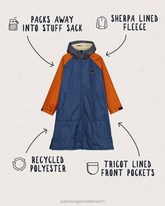 Passenger Männer Roaming-Wickelmantel mit recyceltem Sherpa-Futter, Ensign Blue/Sunrise Orange 0BP211 Kleidung Blau