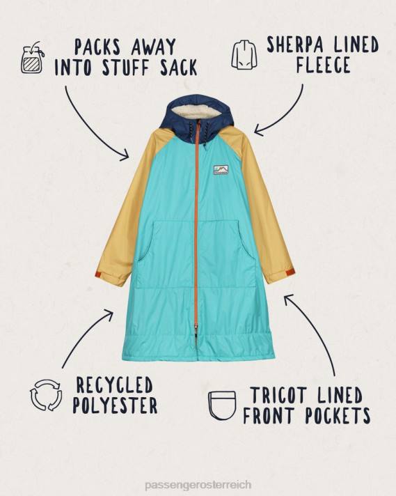 Passenger unisex Roaming-Wickelmantel mit recyceltem Sherpa-Futter, Blau, Türkis/Ockergelb 0BP2642 Kleidung Blau